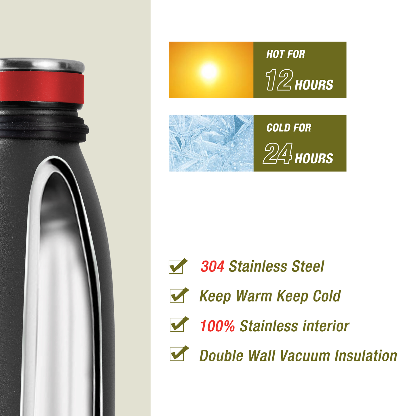 Stainless Steel Bottle 500ml/17Oz Screw Lid Black